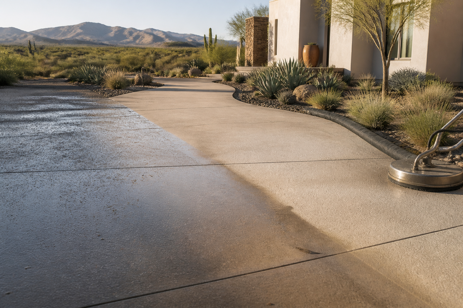 Freshly surface-cleaned concrete approach at a Tucson home