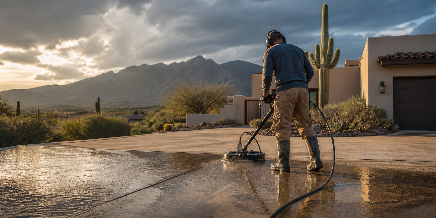 Surface cleaning on a Tucson residential driveway at the foot of the mountains